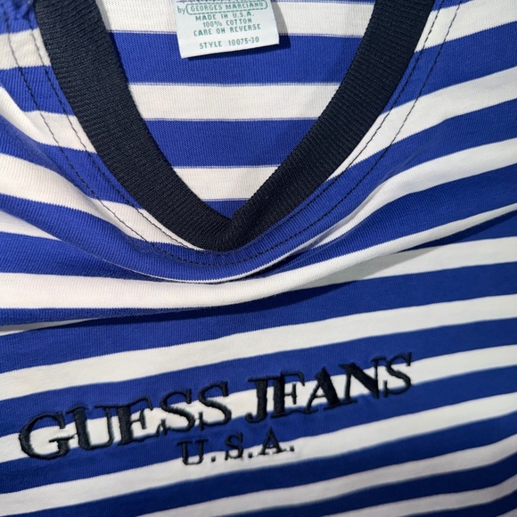 GUESS Jeans Men's Blue striped T-shirt embroidered Logo Men’s Medium - Picture 5 of 5